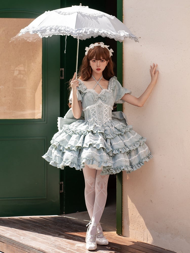 Green Corset Waist Dress Ruffle Skirt Princess Lolita OP with Big Bow at Back