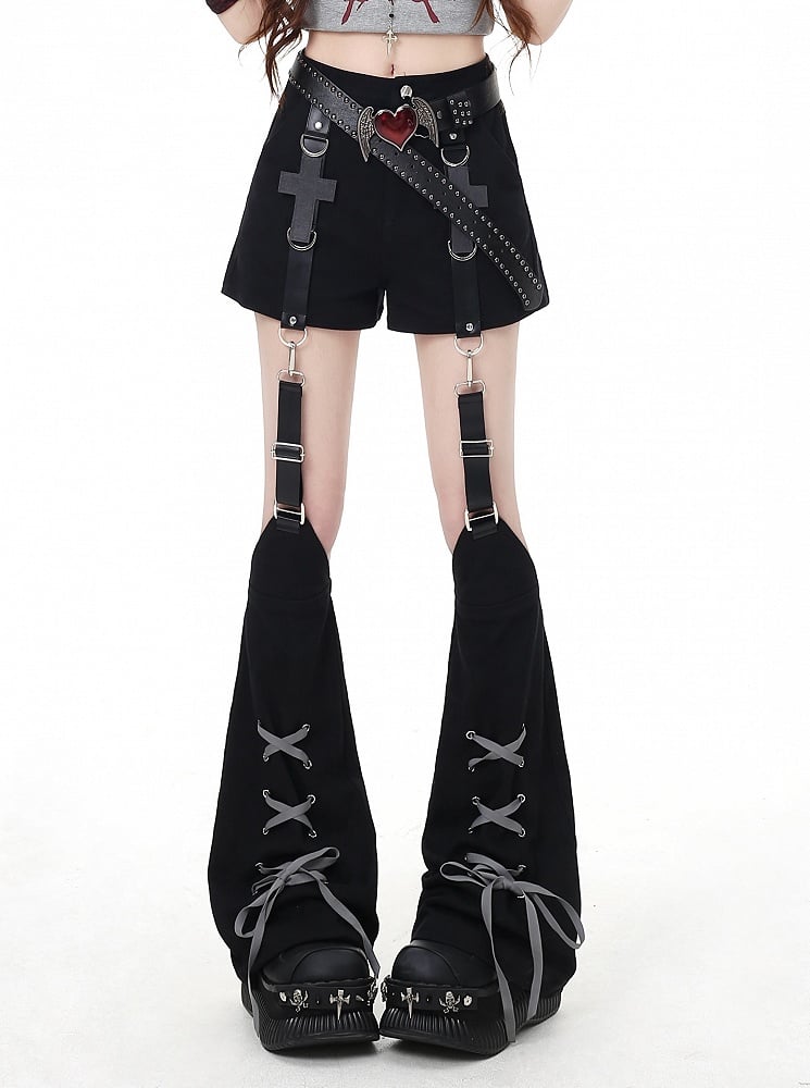 Black Cross Embellished Shorts with Lace-up Detail Detachable Leg Warmers