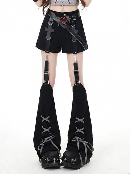 Black Cross Embellished Shorts with Lace-up Detail Detachable Leg Warmers