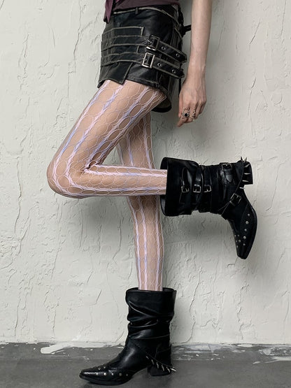 Gray Yellow/Pink Blue Tie-Dye Y2K Cut-out Design Fishnet Tights