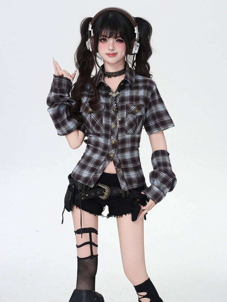 Blue and Brown Plaid Lace-up Back Backless Shirt with Detachable Armwears