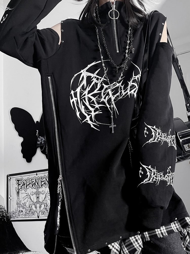 Black&Red Emo Punk Cutout Shoulder Design Sweatshirt