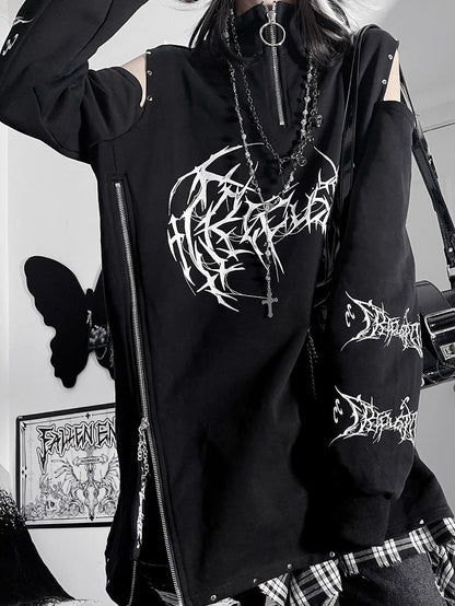 Black&Red Emo Punk Cutout Shoulder Design Sweatshirt