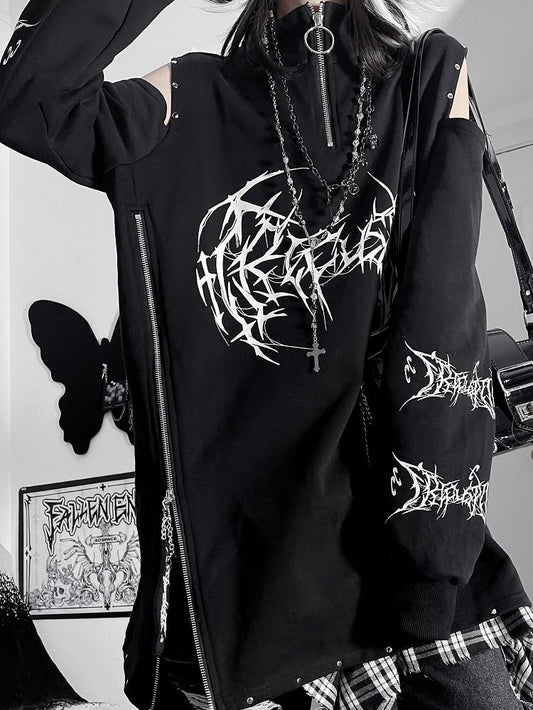 Black&Red Emo Punk Cutout Shoulder Design Sweatshirt