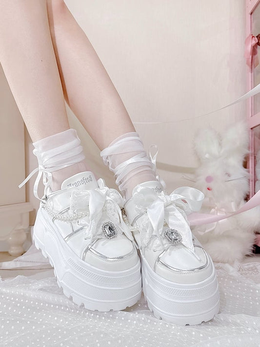 Jirai Kei White Rhinestone Platform Shoes with Detachable Beaded Chain
