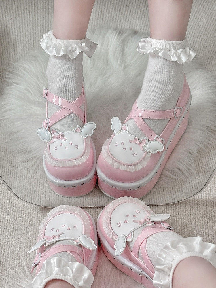 Yume Kawaii Pink Round Toe Kitty Angel Heart Buckle Platform Lolita Shoes