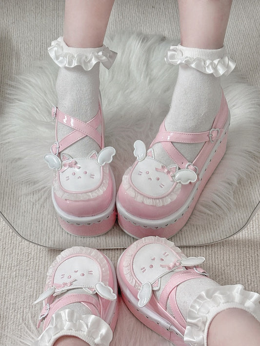 Yume Kawaii Pink Round Toe Kitty Angel Heart Buckle Platform Lolita Shoes