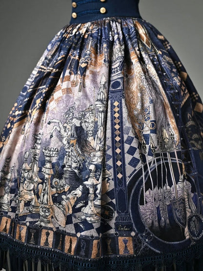 Dark Blue Corset Belt Waist Chess Theme Print Lolita Skirt