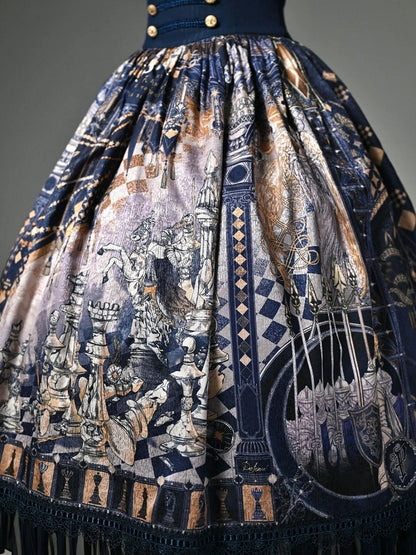 Dark Blue Corset Belt Waist Chess Theme Print Lolita Skirt