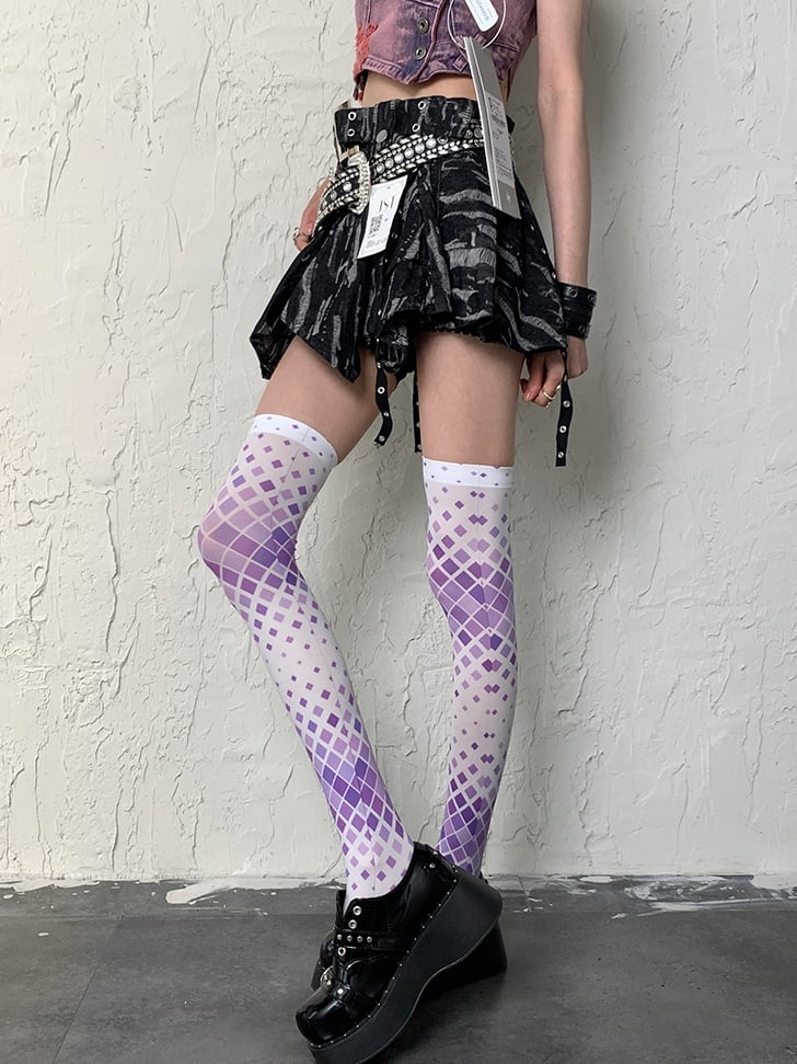 White&Purple Y2K Diamond Pattern Overknee Stockings
