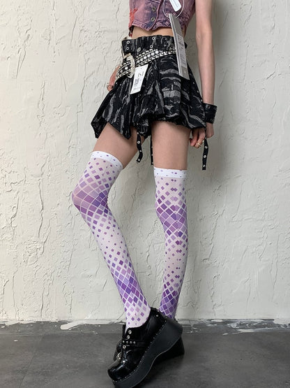 White&Purple Y2K Diamond Pattern Overknee Stockings