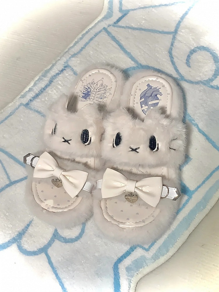 White Jirai Kei Platform Slippers: Plush Kitten Embroidery with Bow & Heart Charm