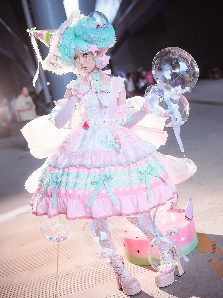 Pink and Green Watermelon Cake Bow Accents Tiered Skirt Sweet Lolita Dress