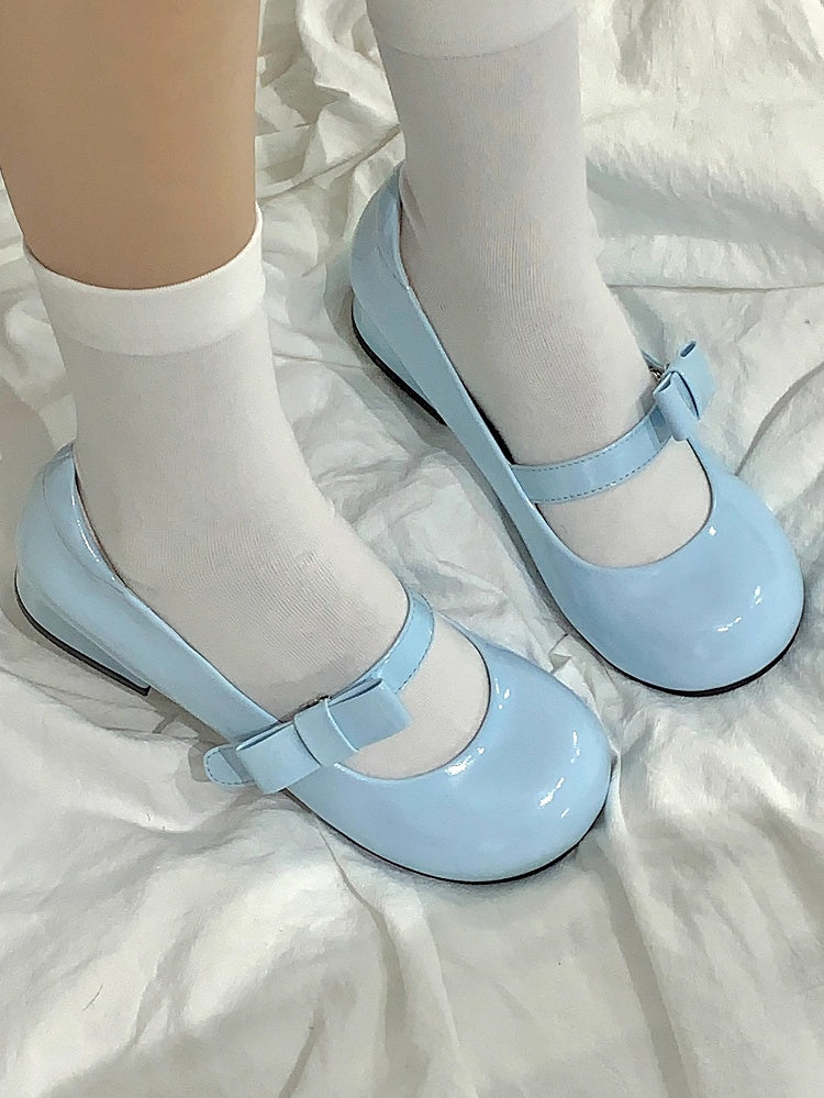 Bow Decor Snap-Attached & Low-heel Design PU Blue Mary Janes in Sweet Lolita