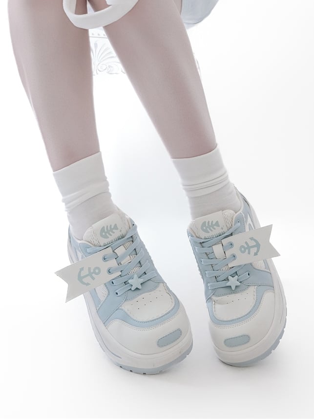 Light Blue Tenshi Kaiwai Anchor And Fish Bone Decorated Front Lace-up Ties Platform Sneakers