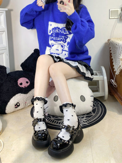 Studs Polished Black Platform Mary Janes with Skeleton Rabbit Buckles