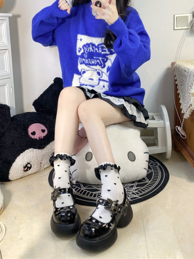 Studs Polished Black Platform Mary Janes with Skeleton Rabbit Buckles