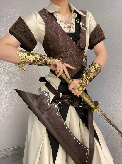 Steampunk Brown Asymmetrical Design Snakeskin-grain Leather Waistcoat