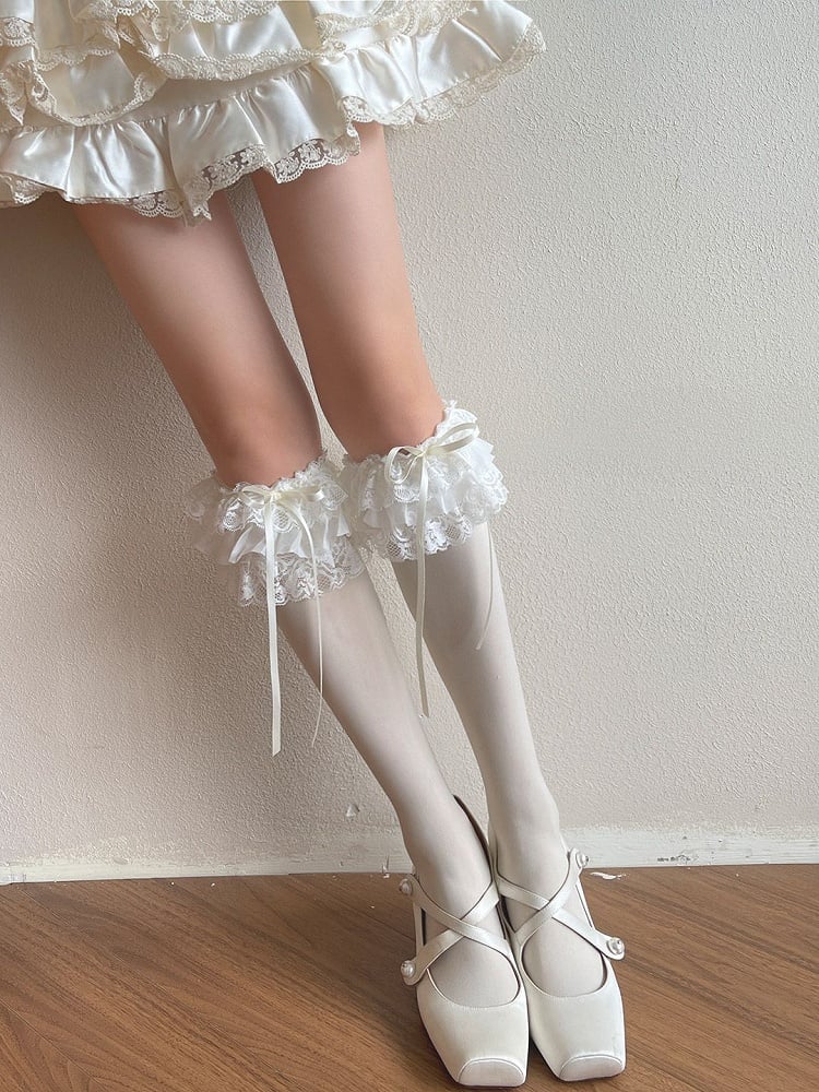 White/Black/Gray/Apricot Bowknot Details Lace Ruffled Trims Underknee Stockings