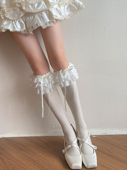White/Black/Gray/Apricot Bowknot Details Lace Ruffled Trims Underknee Stockings