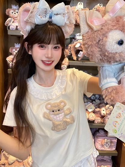 Plush Bear Applique Apricot Lace Trim Neckline T-shirt