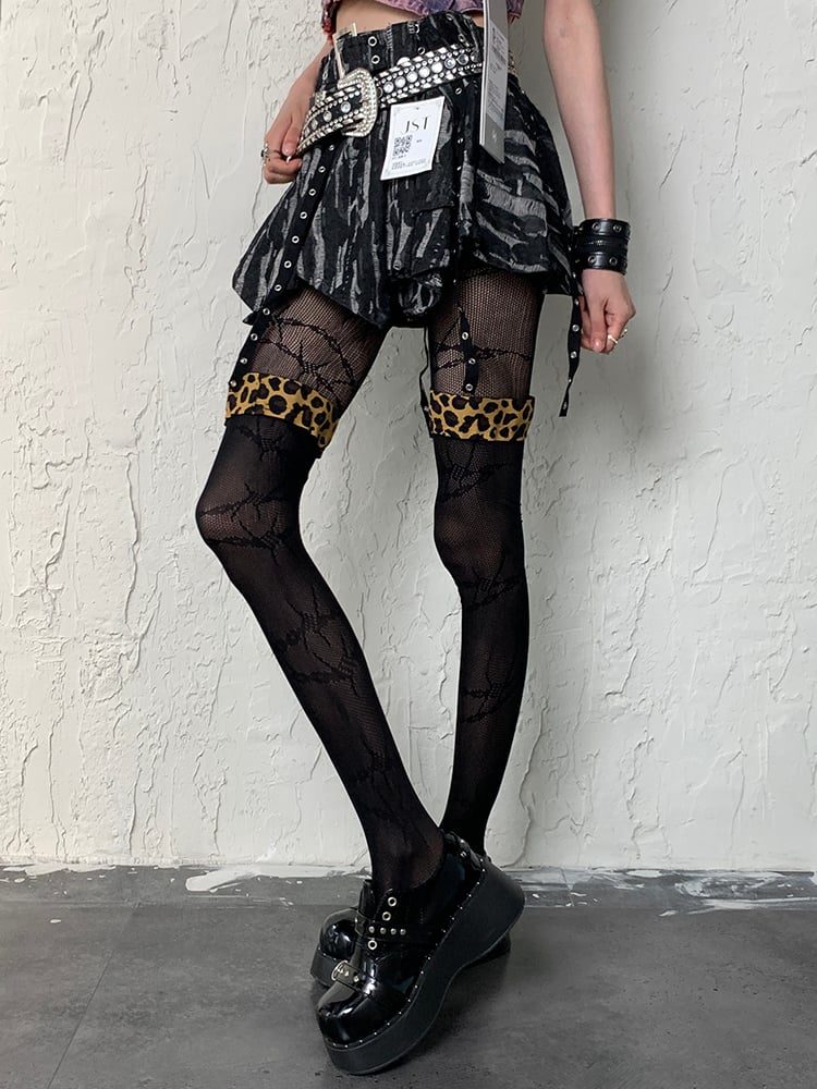 Black Y2K Leopard Pattern Cuffs Overknee Stockings