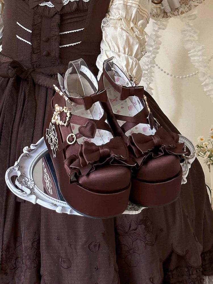 Brown Bear Buckle Straps Bowknot Platform Shoes with Bear Embroidery