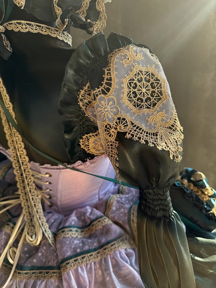 Green and Light Purple Layers Puffy Lolita Dress with Gold Lace Trim and Bow Accents