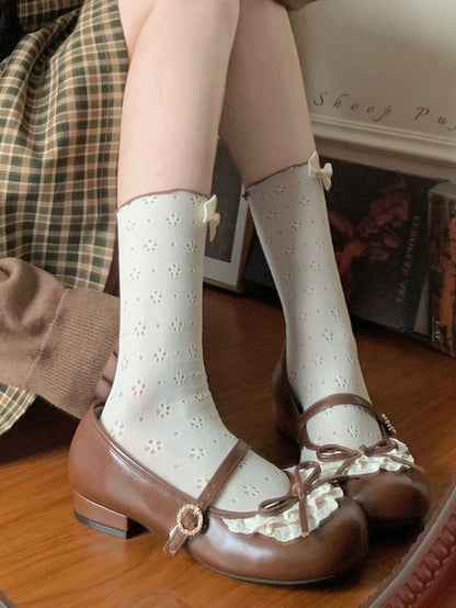 Dark Brown Knotted Bow Accent Lace Trim 2.2CM Heels Round Toe Mary Janes