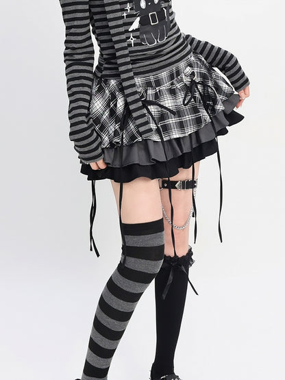 Y2K Black and White Plaid Tiered Skirt Bowknots Decoration