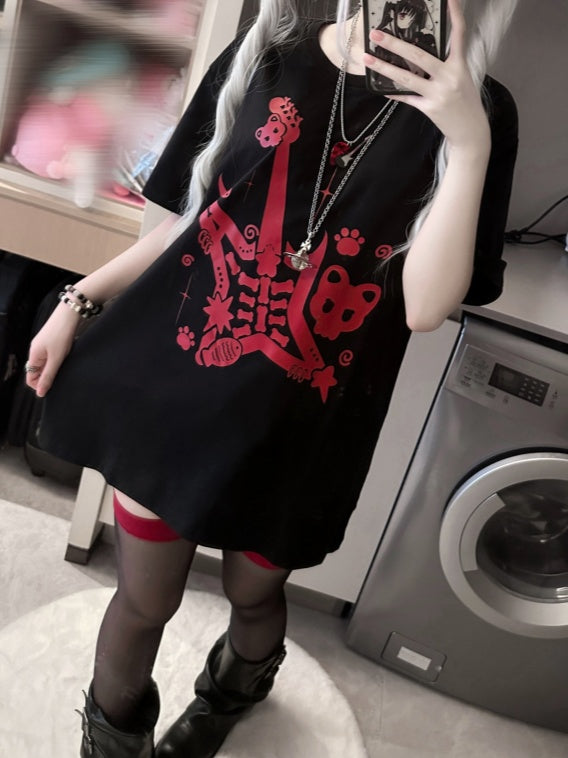 Black and Red Punk Rock Guitar Print Jirai Kei T-Shirt with Guitar Pick Necklace