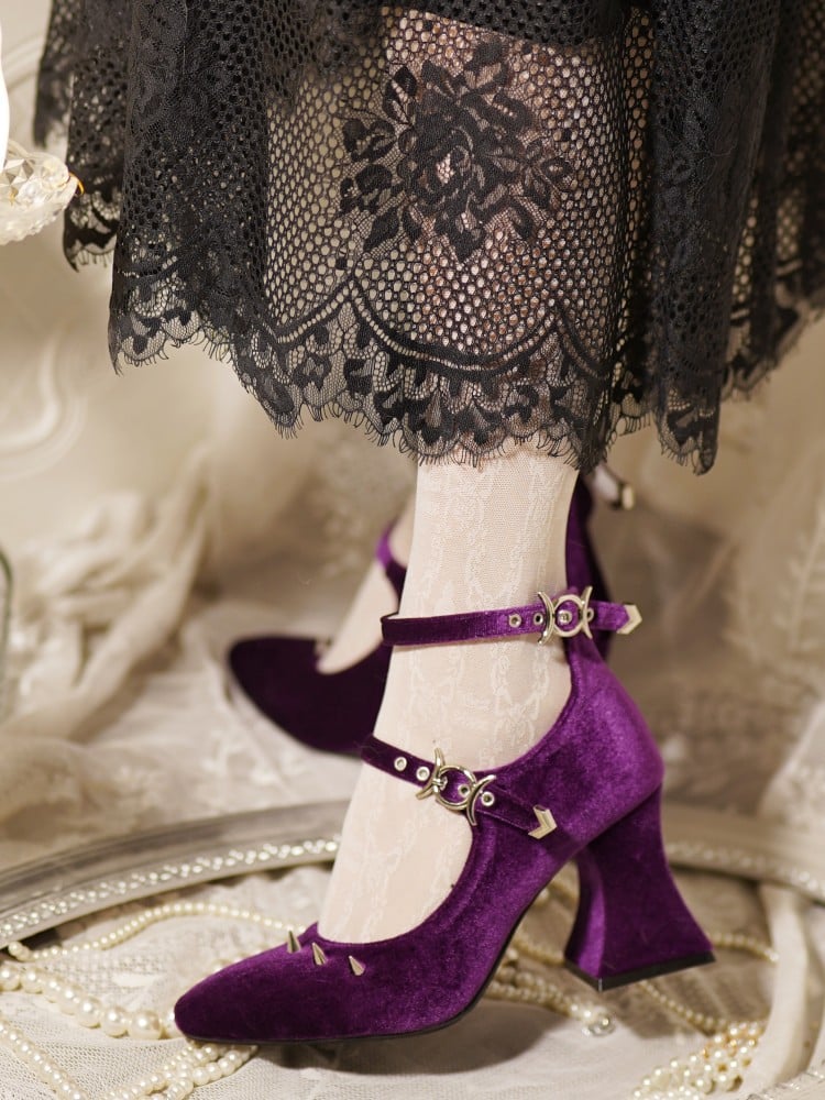 Punk Silver Studs Purple Witch Lolita Velvet High Heels