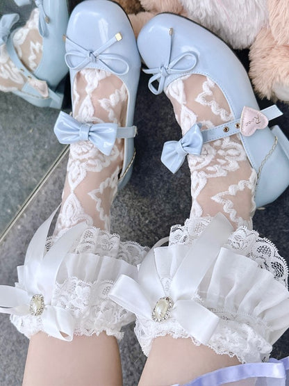 White/Black Bowknot Details Ruffled Cuff Semi-sheer Calf Socks