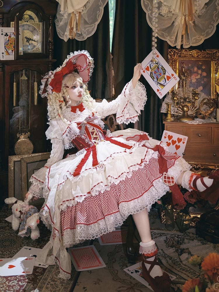 Red Queen Red Bow Accents Boned Corset Top + Tiered Skirt Gorgeous Hime Lolita Full Set