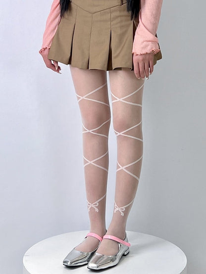 Nude/White Bowknot Print Crisscorss Banded Tights