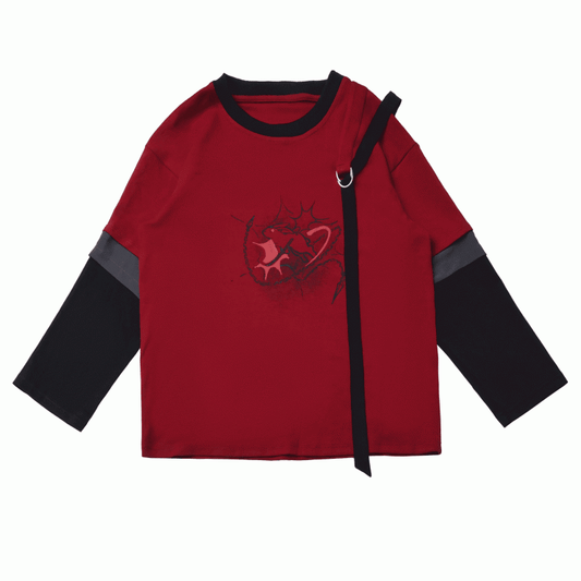 Red and Black Cheongsam Style Graphic Top with Detachable Sleeves