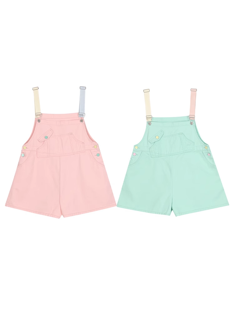 Candy Color Pink/Mint Green Denim Overall Shorts