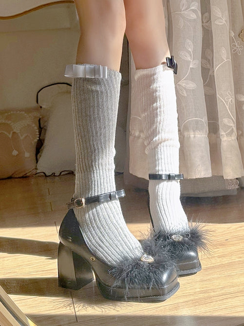 Heart-shaped Rhinestone Black High Block Heel Mary Janes