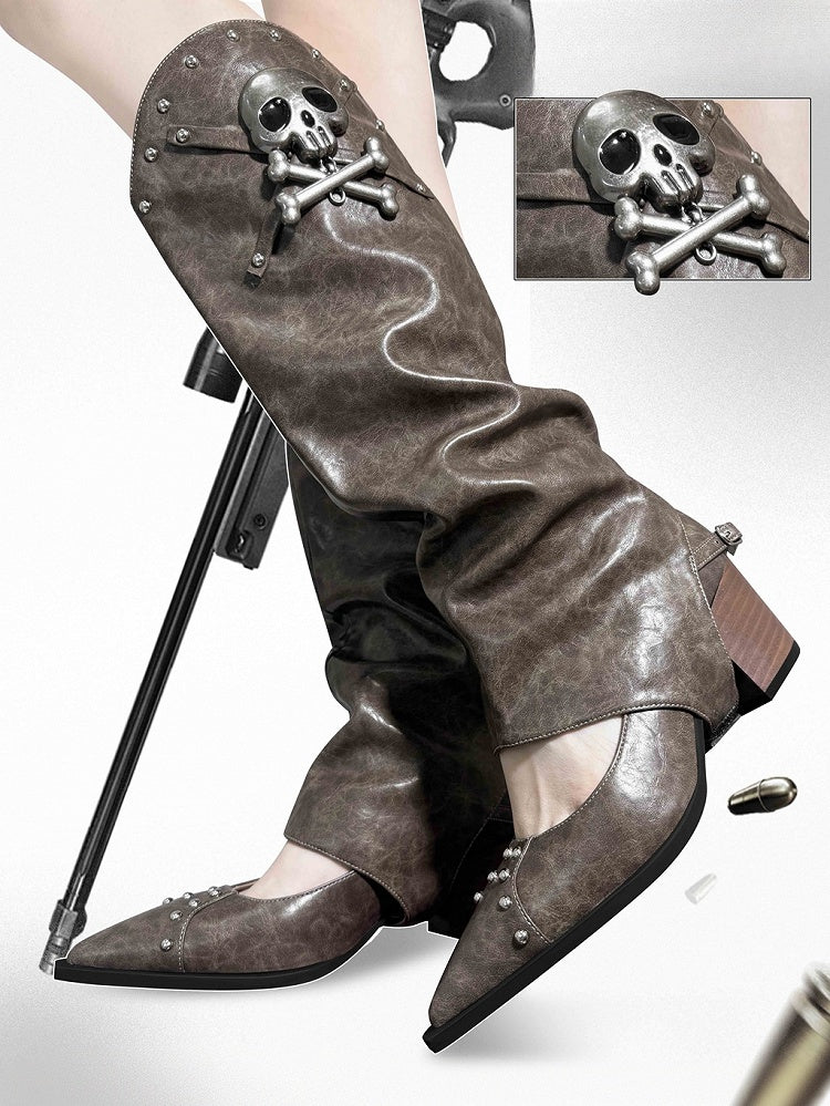 Brown Pointed Toe Gothic Block Heels with Skeleton Decorated Leg Warmers