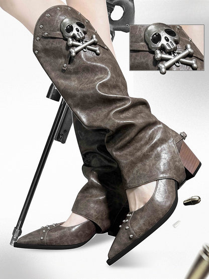 Brown Pointed Toe Gothic Block Heels with Skeleton Decorated Leg Warmers