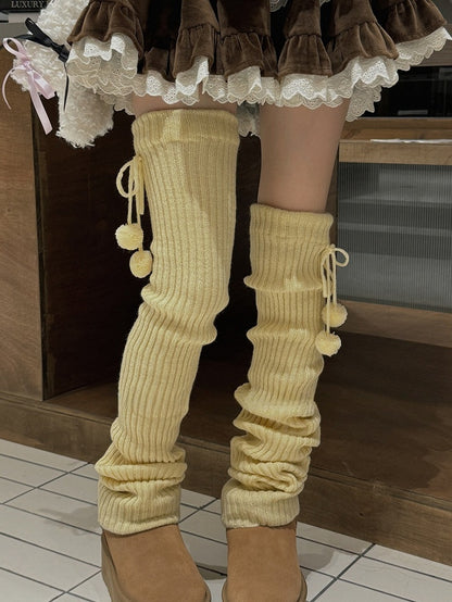 White/Beige/Light Grey/Black 50CM/70CM/90CM Knitted Leg Warmers With Pompons