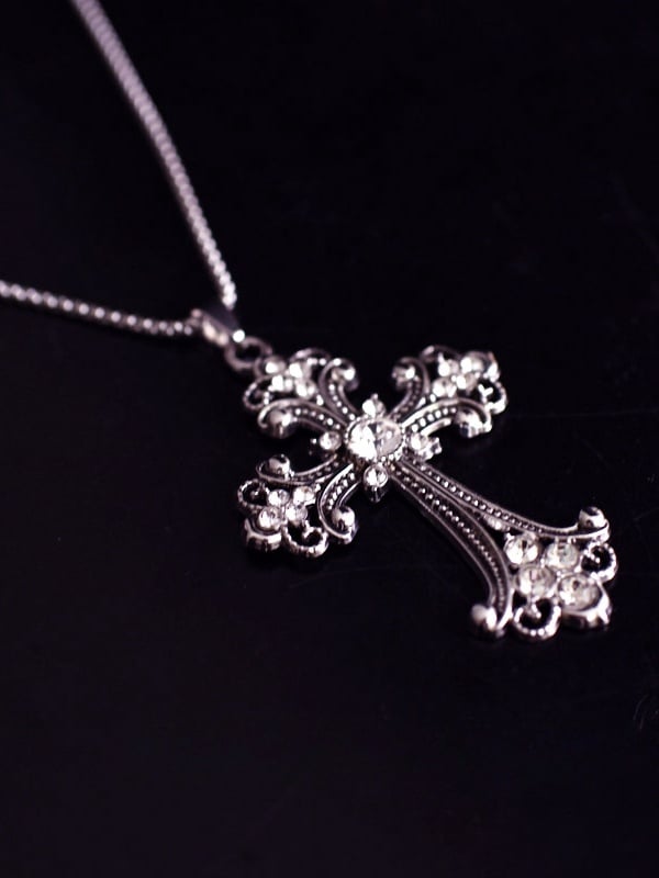 Punk Gothic Silver Baroque Rhinestoned Cross Pendant Necklace