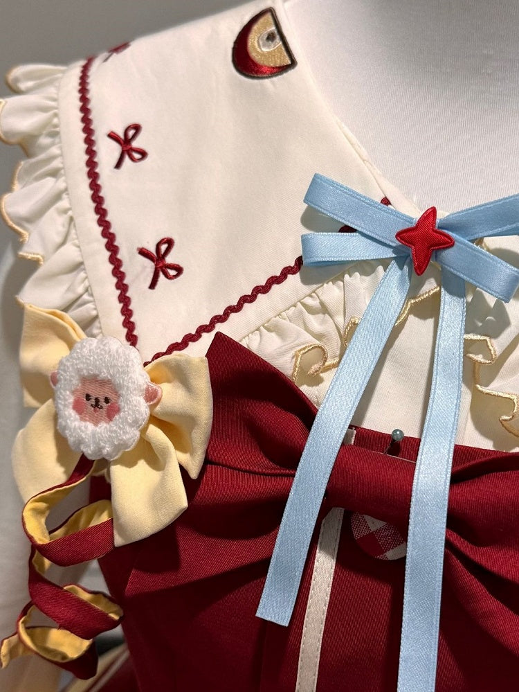 Yellow & Red Apple Embroidered Sweet Clown Lolita JSK Dress + Beige Ruffled Blouse Set