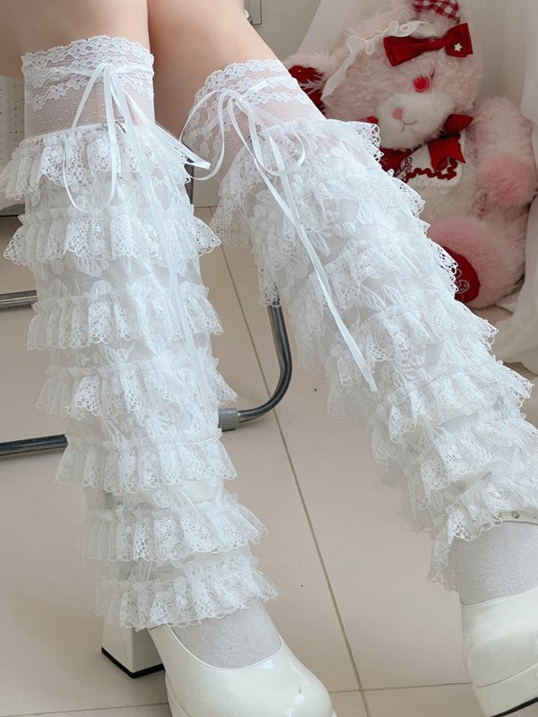 White Floral Pattern Leg Sleeves With Tiered Lace Cuffs And Self-tie Straps