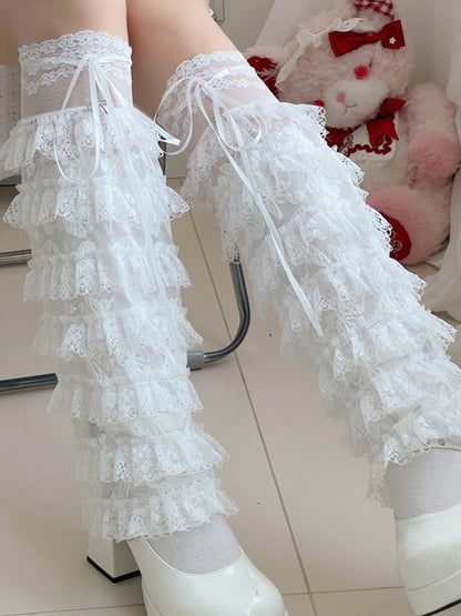 White Floral Pattern Leg Sleeves With Tiered Lace Cuffs And Self-tie Straps