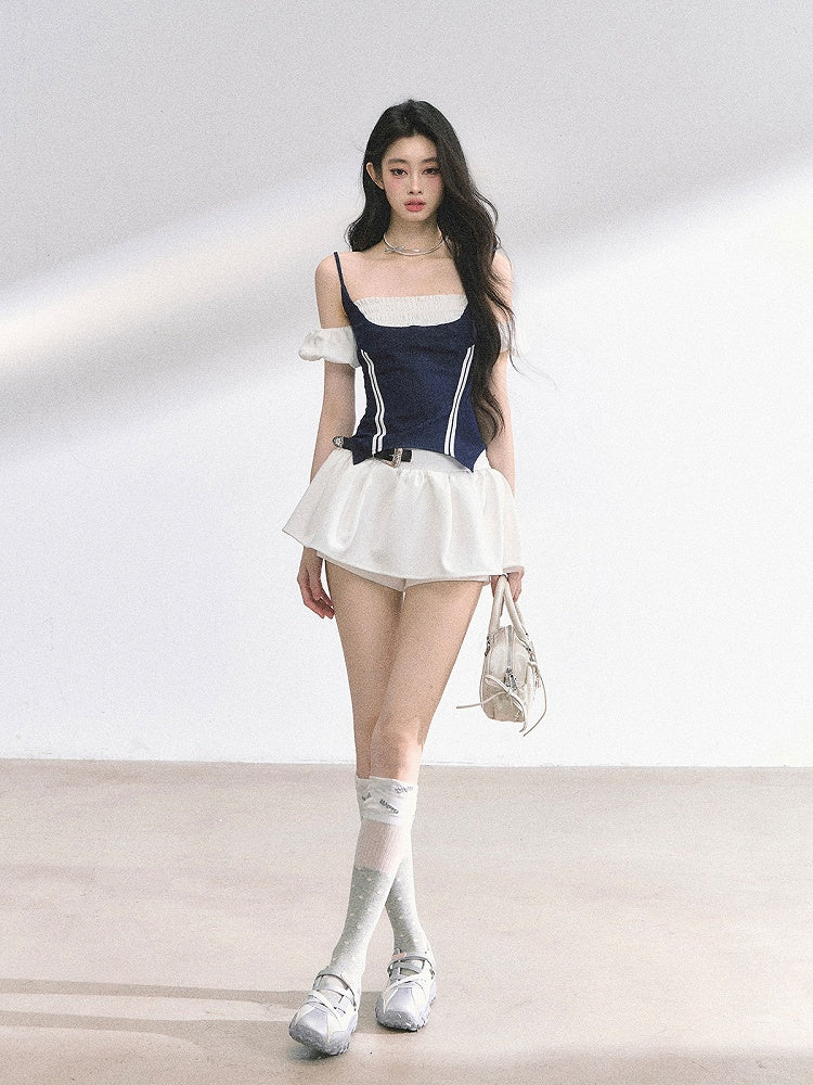 Denim Blue Faux Two-pieces T-shirt Puff Sleeves Top