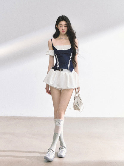 Denim Blue Faux Two-pieces T-shirt Puff Sleeves Top