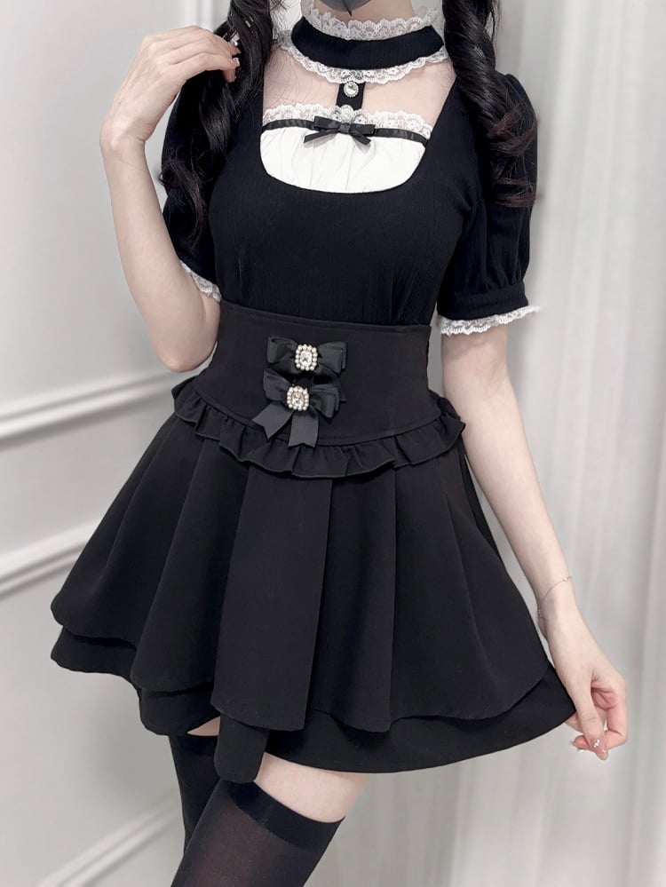 Jirai Kei Black Banded Collar Cutout Front Short Sleeves Blouse