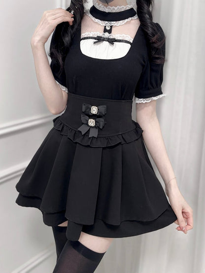 Jirai Kei Black Banded Collar Cutout Front Short Sleeves Blouse