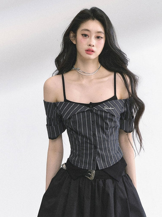 Off-the-shoulder Neckline Black and Gray Striped Top Faux Two-pieces
